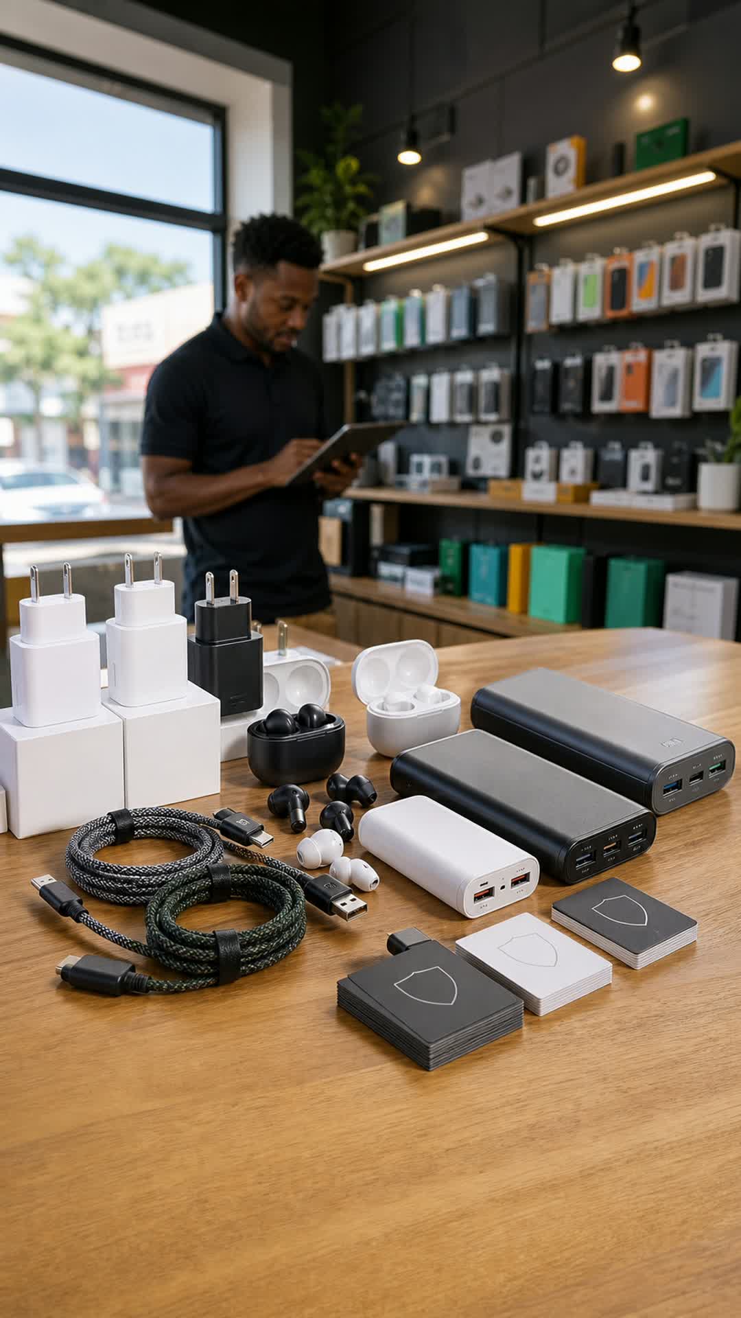 Restock: unbranded fast chargers, braided cables, wireless earbuds and power banks. Durban collection or nationwide delivery, with a six-month store warranty.