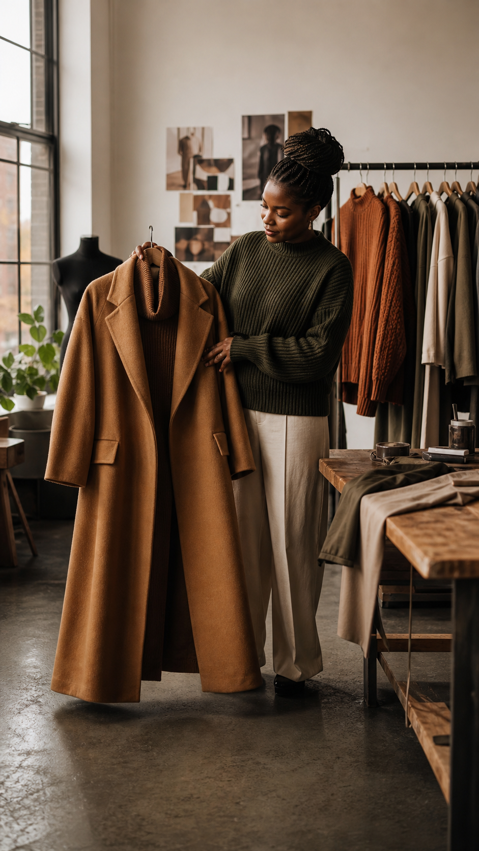 A closer look at this season's fabric, fit and finish. Swipe through the camel coat, rust knit set and tailored charcoal trousers.