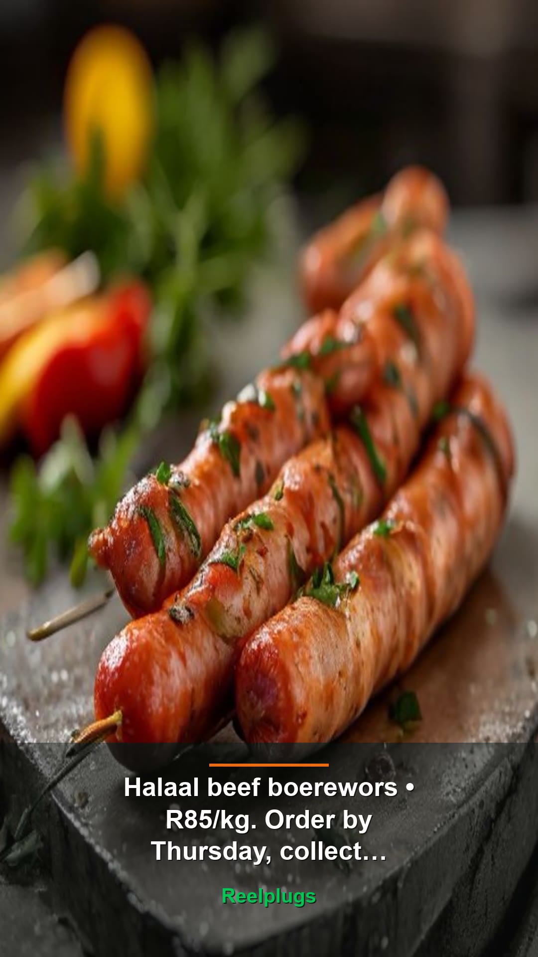 Halaal beef boerewors — R85/kg. Order by Thursday, collect Saturday.