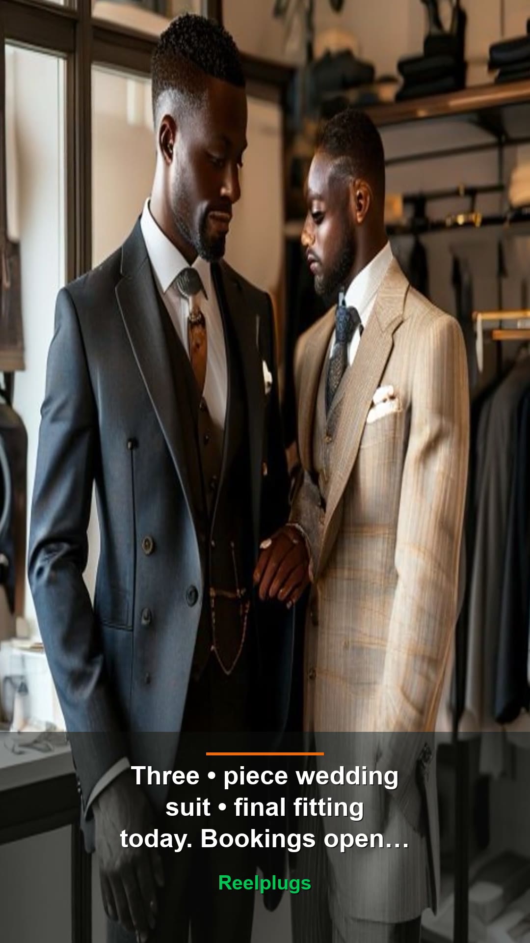 Three-piece wedding suit — final fitting today. Bookings open July.
