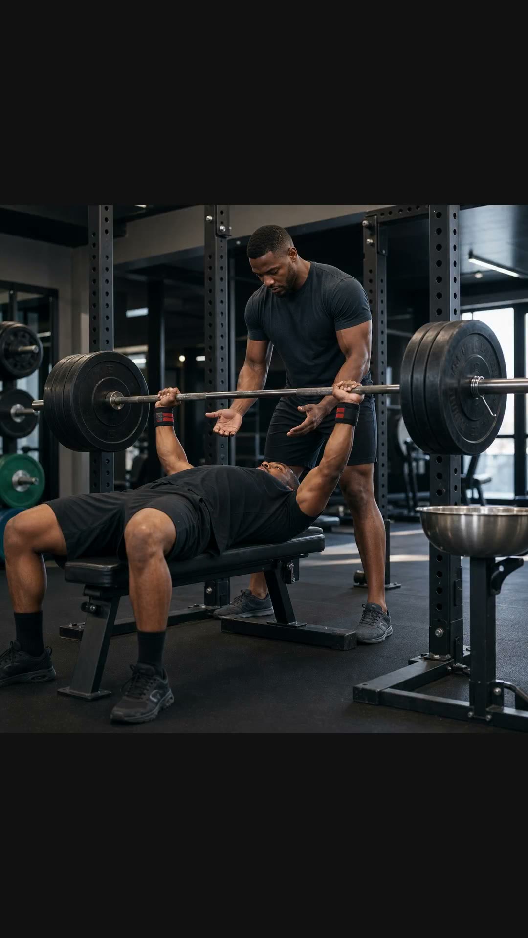 Bench press spotter standard: handoff, pause, clean rack. Patient coaching for novice lifters.