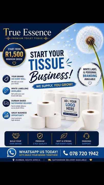 🚀 Start your own toilet tissue business from just R1,500! ✅ Personal branding included ✅ White labelling available ✅ Durban-based | Nationwide delivery 📲 WhatsApp us for our reseller price list. @Mahlaba junda #Reseller #SouthAfrica #SmallBusiness #BusinessOpportunity #Entrepreneur