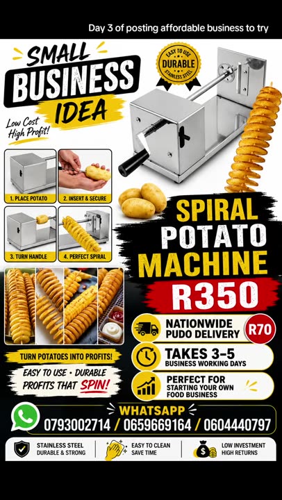 Affordable business to try. #smallbusinessSA #SideHustleSA #foodbusiness #potatospiral #viral