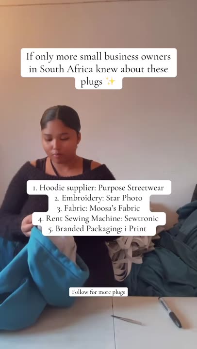 If only more business owners in SA knew about these plugs. 1. Hoodie supplier: Purpose Streetwear (find on insta) 2. Embroidery: Star Photo (CPT CBD) 3. Fabric: Moosa’s Fabric (JHB) 4. Rent Sewing Machine: Sewtronic (CPT) 5. Branded Packaging: @iprint #businessplug #smallbusinesspackaging #smallbusiness